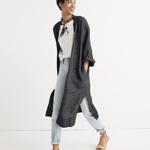 Madewell Long Robe Jacket in Grid Pattern Open Front Pockets Linen Small - Picture 1 of 12
